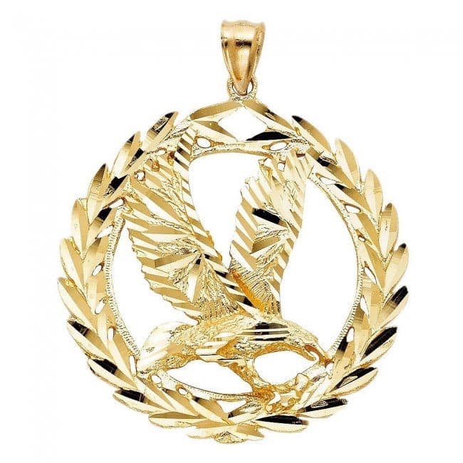 Solid 14K Yellow Gold Large Eagle in Laurel Crown Pendant
