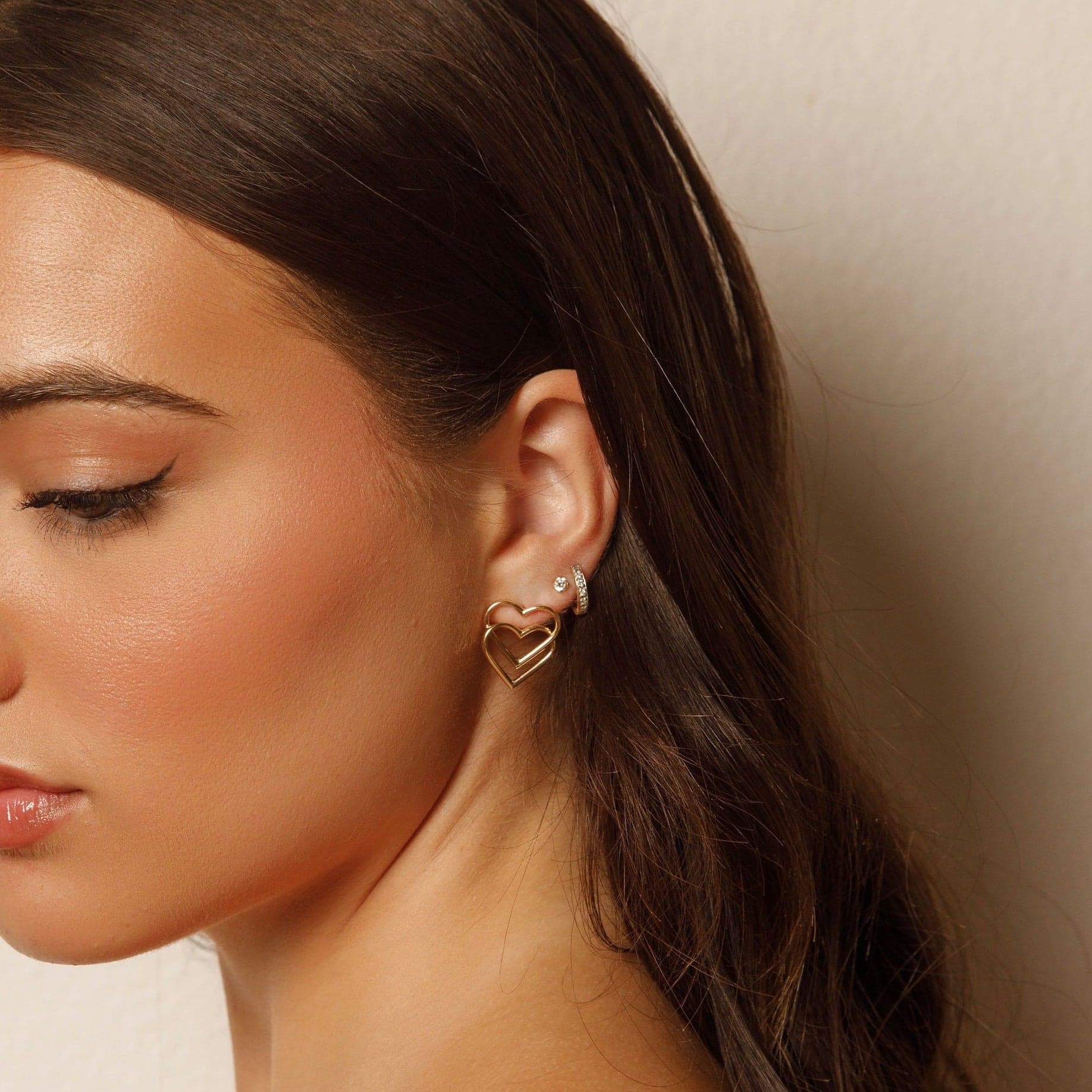 14K Yellow Gold Double Heart Earrings thumbnail 2