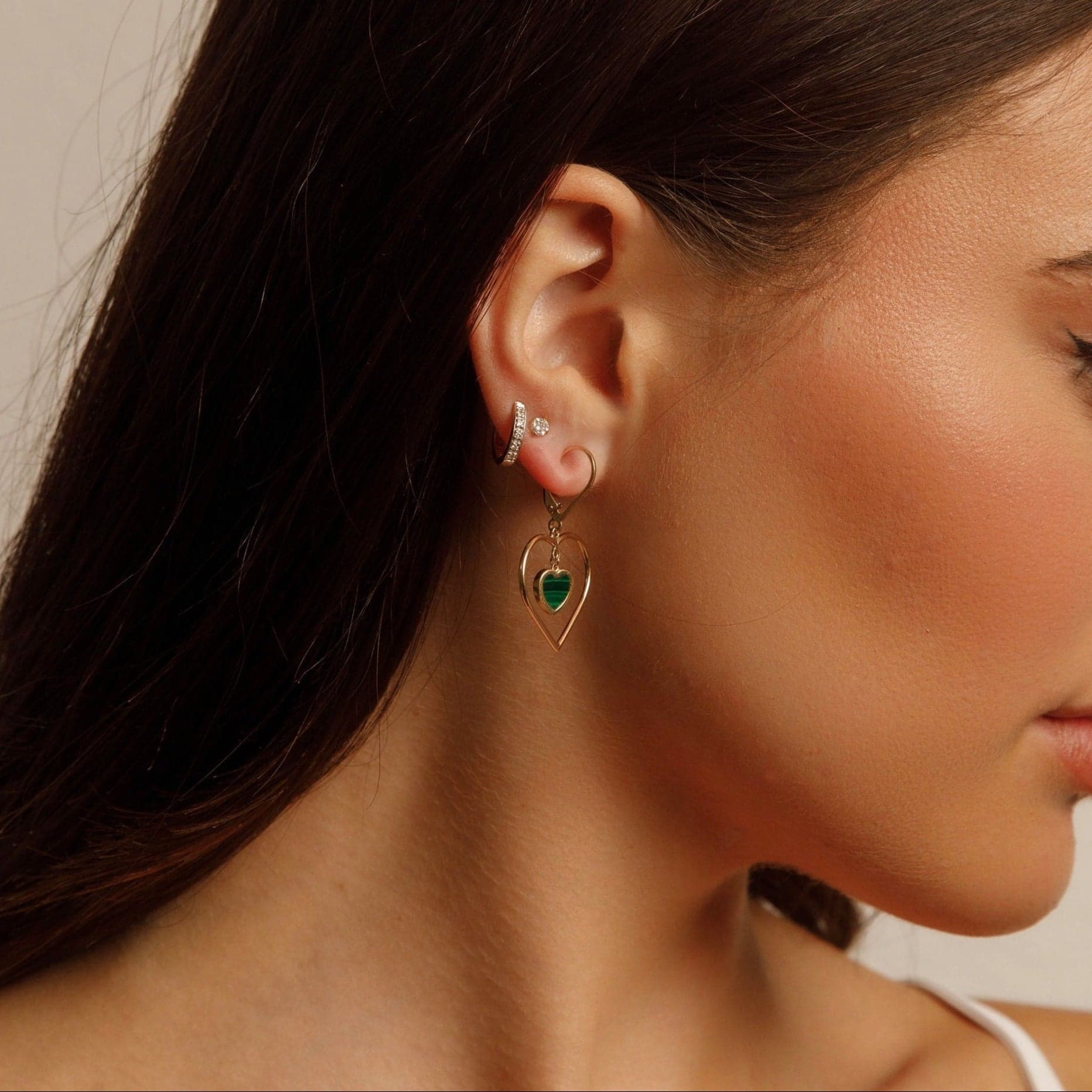 14K Yellow Gold Malachite Heart Earrings thumbnail 2