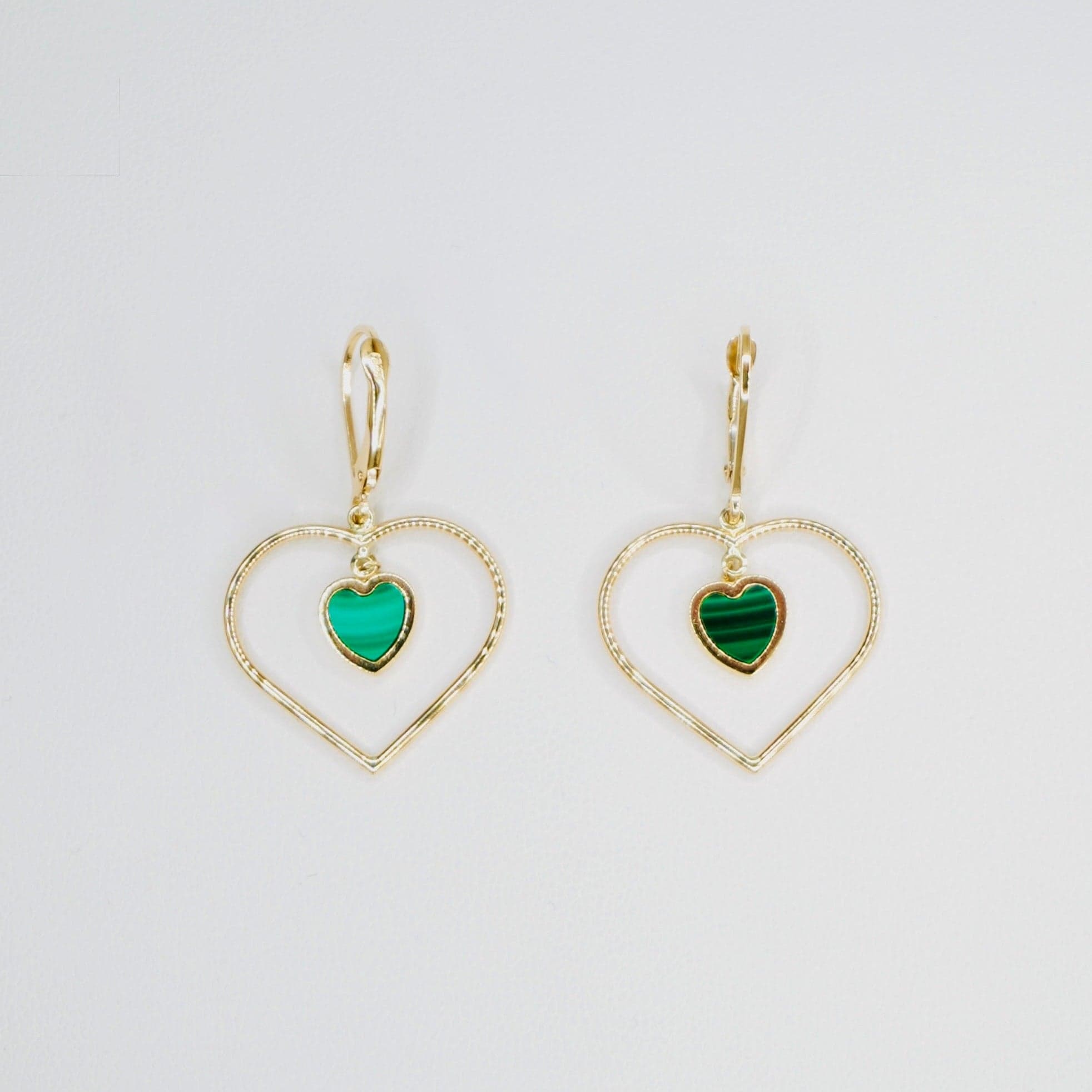 14K Yellow Gold Malachite Heart Earrings