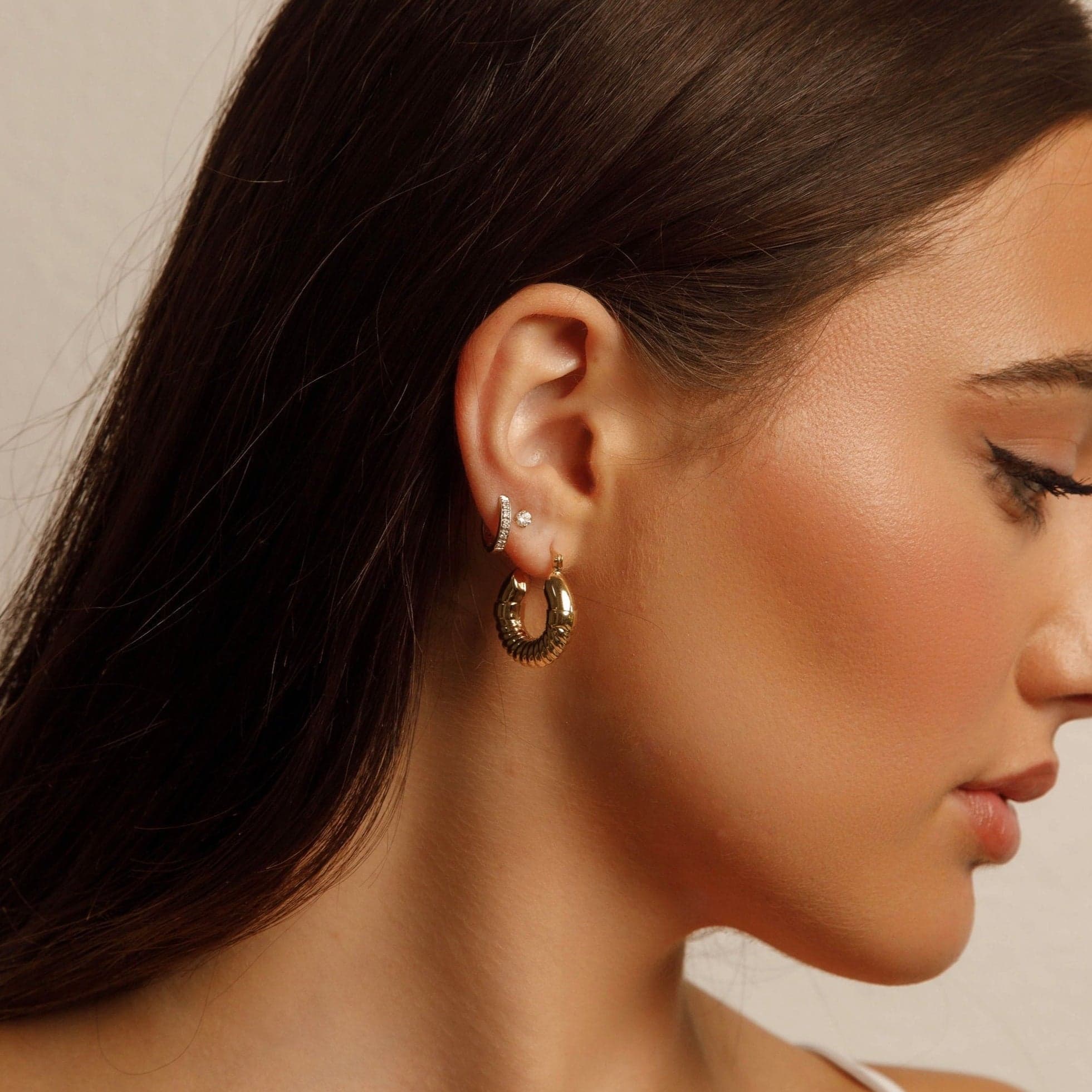 14K Yellow Gold "Shrimp" Puff Hoop Earrings thumbnail 2