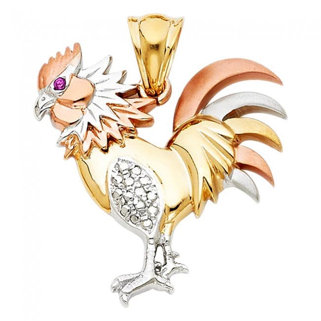 Solid 14K Tricolor Gold Rooster Pendant