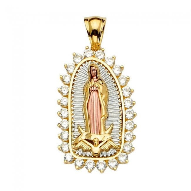 Solid 14K Tricolor Gold CZ Guadalupe Pendant