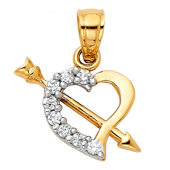 Solid 14K Yellow Gold Cupid Arrow Heart Pendant