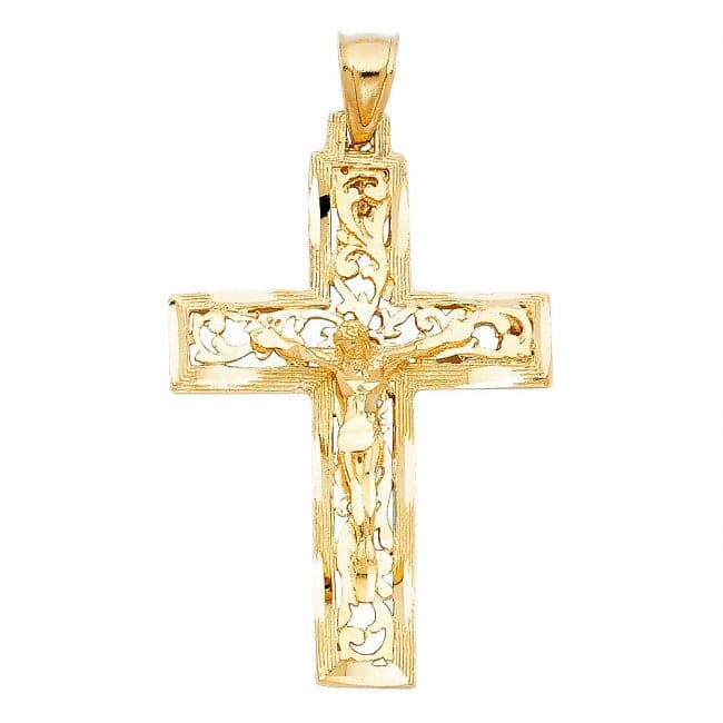 Solid 14K Yellow Gold Religious Crucifix Pendant