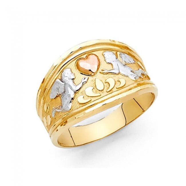 14K Tricolor Gold Angels & Heart Ring thumbnail 2