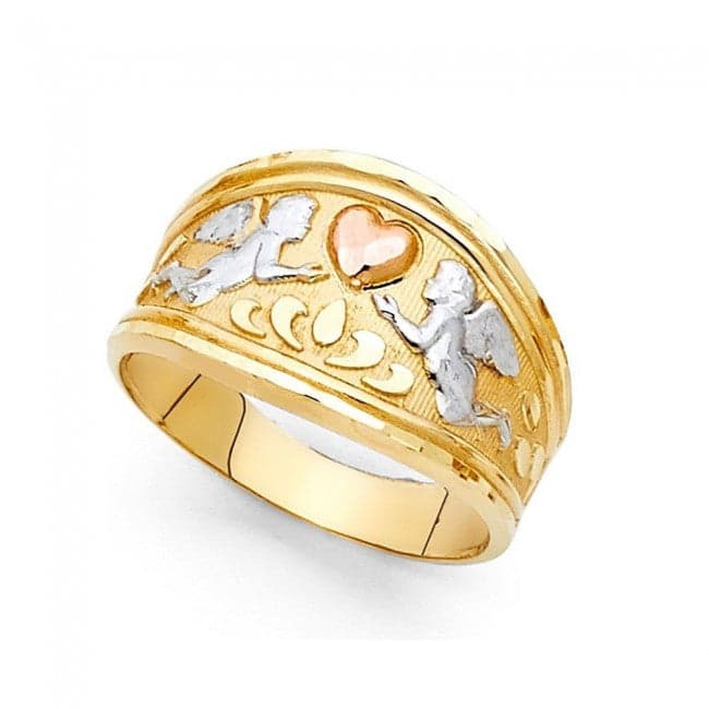 14K Tricolor Gold Angels & Heart Ring