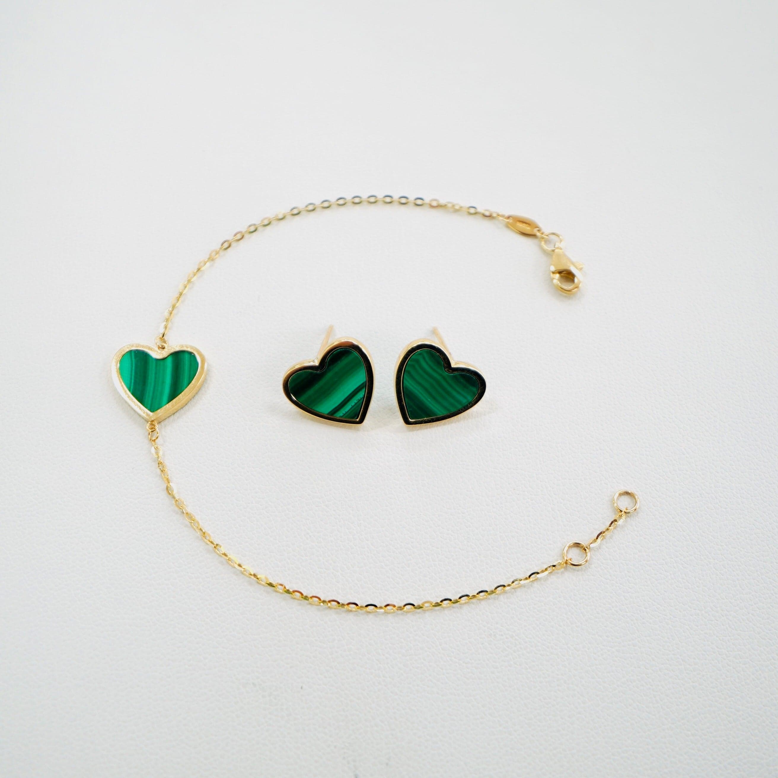 14K Yellow Gold Malachite Heart Bracelet + Earring Bundle — Image 1